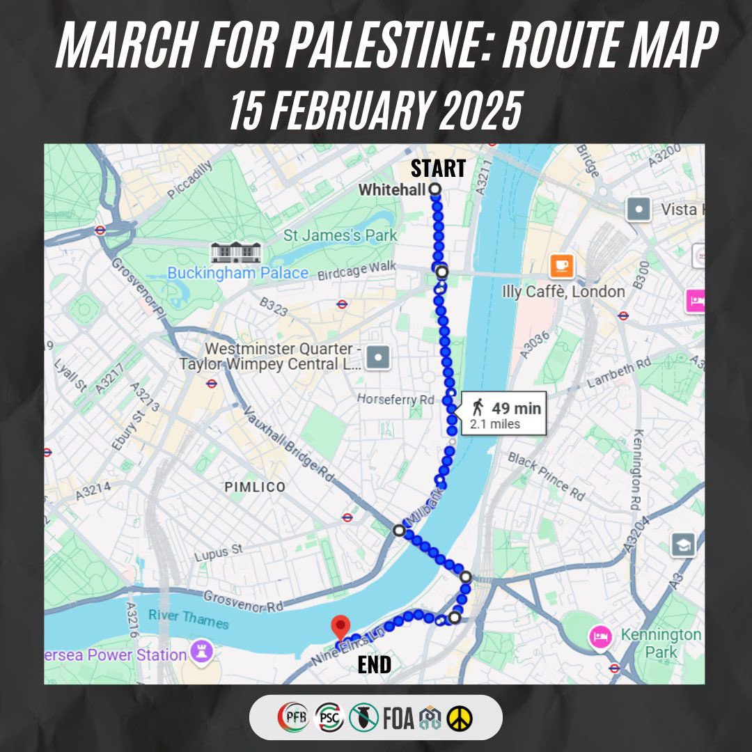 🚨 Route of Saturday’s national Palestine march 

📍Whitehall to the US embassy 

⏰ Assemble 12 noon 

#FreePalestine #HandsOffGaza #StopArmingIsrael