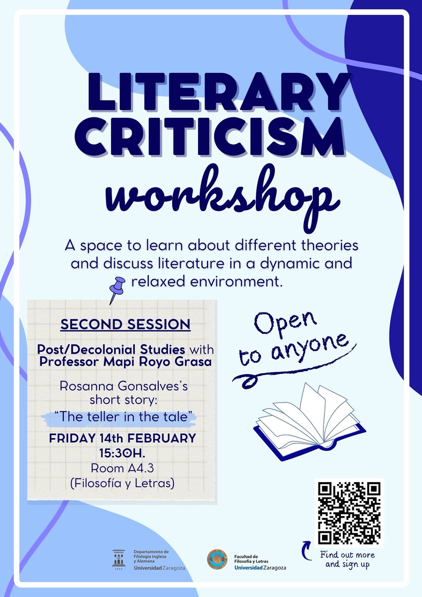 Don't miss the next session of the #LiteraryCriticism Workshop, where we will discuss postcolonial and decolonial studies with Dr. Mapi Royo Grasa (@LimLit_Unizar)

⏰Friday 14th Feb, 15:30h
📍Aula A4.3 (Facultad de Filosofía y Letras)
🔗More info:   filologiainglesa.unizar.es/node/1799