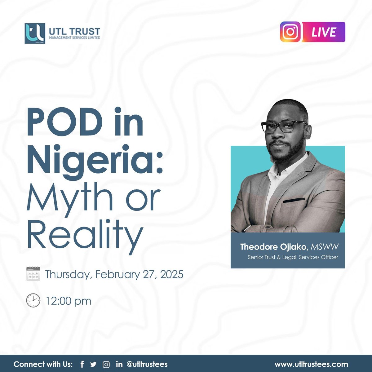 utltrustees's tweet photo. Join us for an eye-opening webinar as we debunk the myths surrounding POD in Nigeria and discuss the ONLY legal ways beneficiaries can access funds after a loved one’s passing.

🔥 POD in Nigeria – Myth or Reality?
🗓 Thurs, Feb 27, 2025
⏰ 12:00pm WAT
📍 Live on Instagram https://t.co/RVMxNHKYGU
