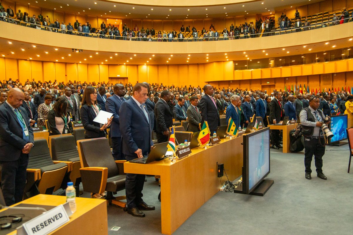 AUC_MoussaFaki's tweet photo. I was pleased to open the 46th Ordinary Session of the @_AfricanUnion Executive Council where the Meeting observed a Moment of Silence in memory of #Namibia's Founding President and the last of the Continent's Founding Fathers, the late H.E Dr Sam Shafiishuna Nujoma. https://t.co/wfkhFVhZKb