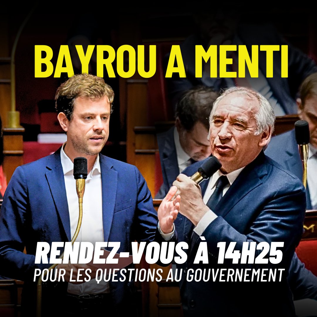 🚨 J'ai interrogé <a href="/bayrou/">François Bayrou</a> hier sur sa conduite face aux révélations d'agressions sexuelles et de viols à #NotreDameDeBétharram.

Dans sa réponse, il a menti.

Je le confronterai à ses mensonges lors des questions au gouvernement cet après-midi.