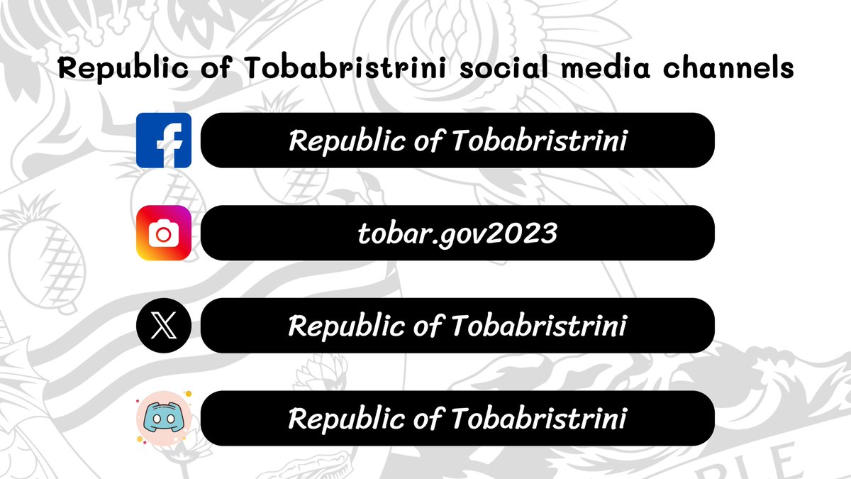 ROTOB Social Media Channels

FB page: web.facebook.com/profile.php?id…
X page: x.com/Tobar_gov
Instagram: instagram.com/tobar.gov2023/
Discord: discord.gg/JCdYUwQDeX