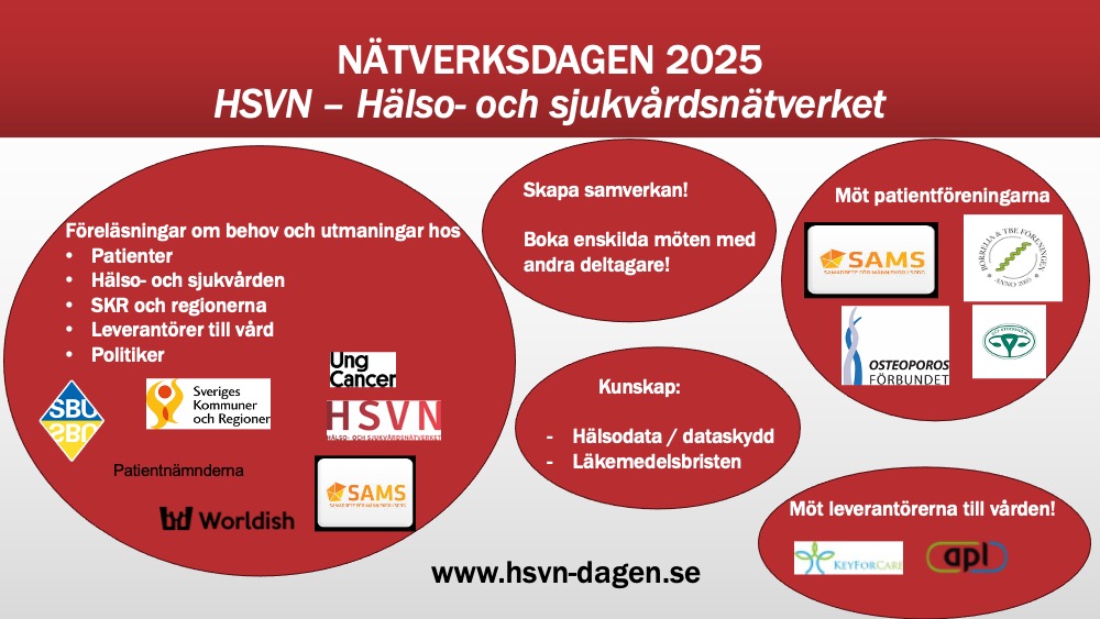 Vill du också veta om vilka behov och utmaningar som finns när det gäller hälso- och sjukvård?
Vill du skapa samverkan? 
Den 19 mars ses vi i Stockholm! Välkommen du med!
hsvn-dagen.se