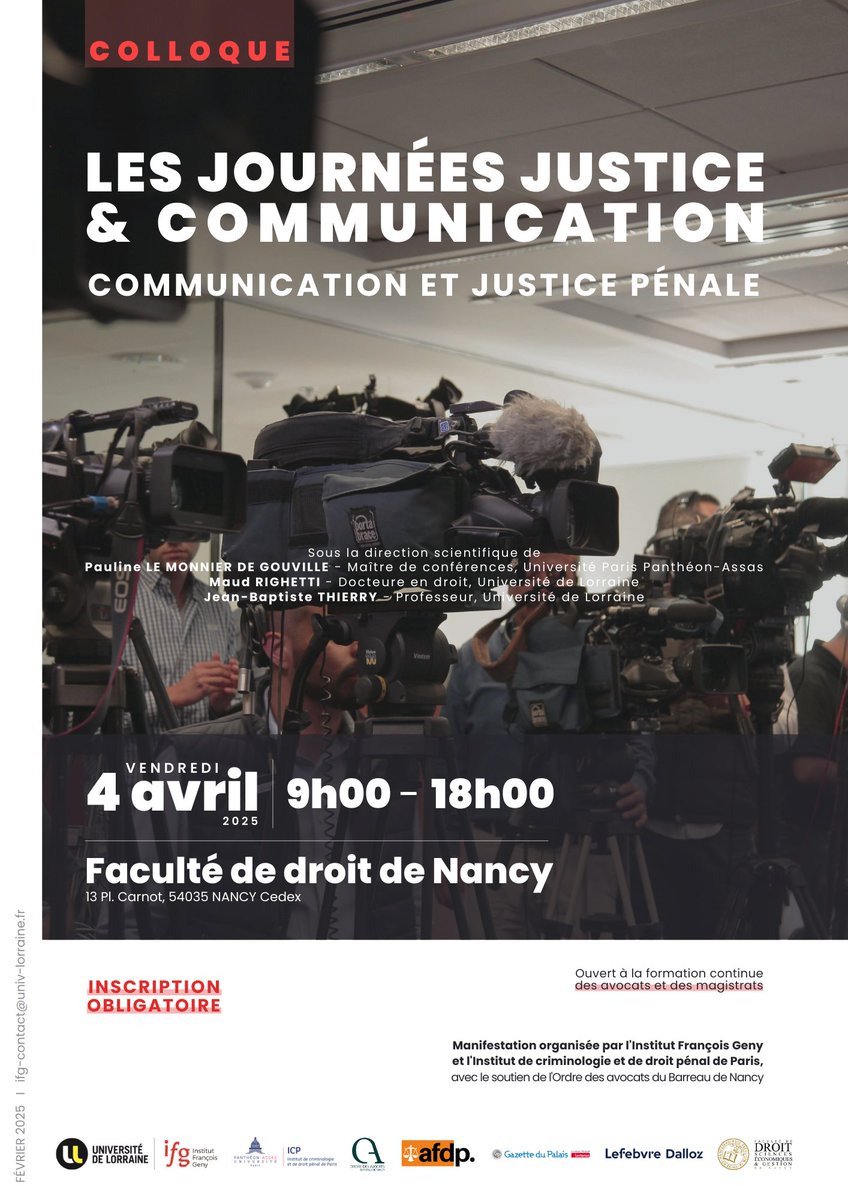 sinelege (@sinelege_jbt) on Twitter photo Avec@InstFGenyde l'Université de Lorraine et <a href="/ICPAssas/">Institut de criminologie et de droit pénal (Assas)</a> de <a href="/AssasUniversite/">Panthéon-Assas université</a>, ma collègue@pdegouville, Maud Righetti et moi organisons le 4 avril, avec le soutien de@BatonnierNancy, la Gazette du Palais (<a href="/LextensoAvocat/">Lextenso Avocat</a>) et@LefebvreDalloz Avec@InstFGenyde l'Université de Lorraine et <a href="/ICPAssas/">Institut de criminologie et de droit pénal (Assas)</a> de <a href="/AssasUniversite/">Panthéon-Assas université</a>, ma collègue@pdegouville, Maud Righetti et moi organisons le 4 avril, avec le soutien de@BatonnierNancy, la Gazette du Palais (<a href="/LextensoAvocat/">Lextenso Avocat</a>) et@LefebvreDalloz