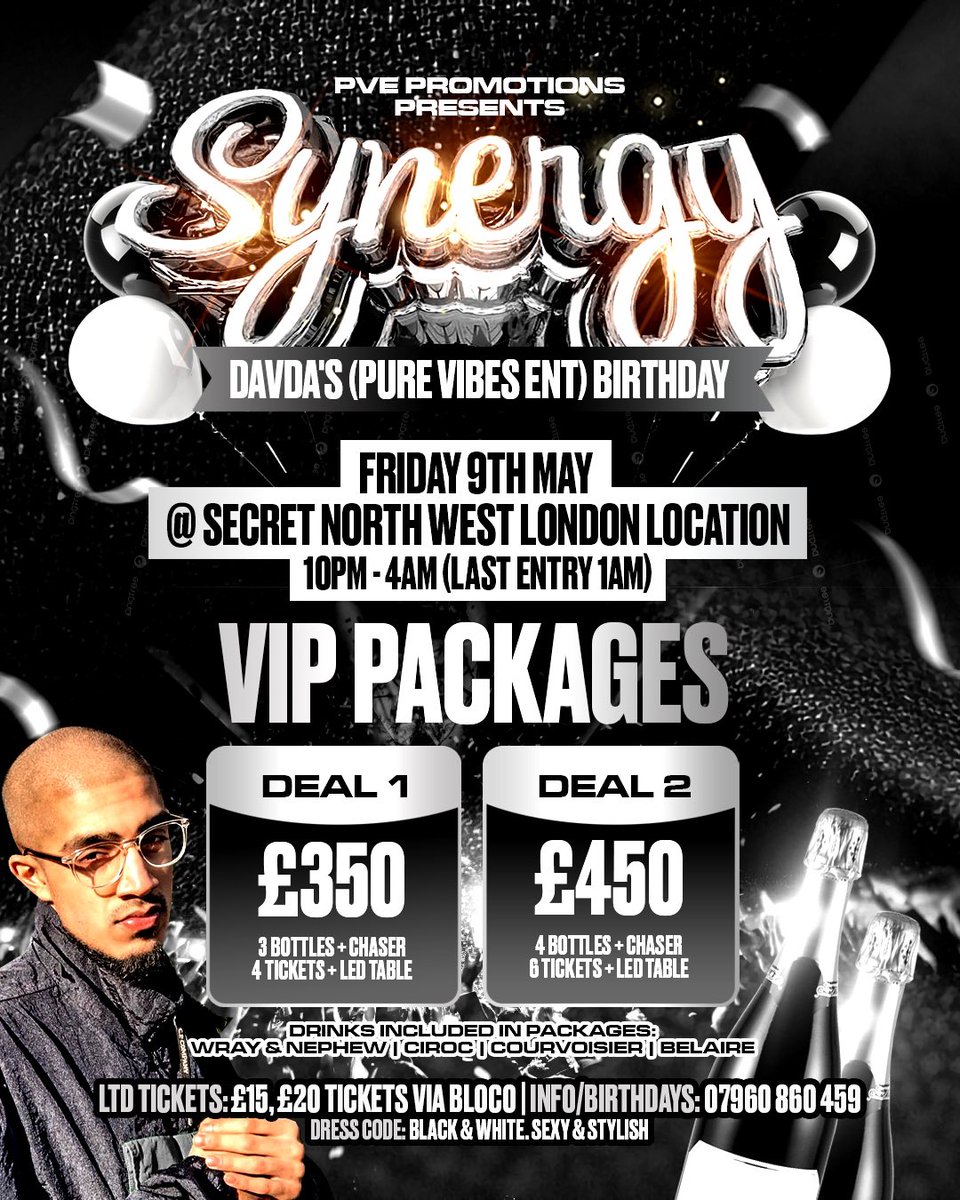 “SYNERGY - DAVDA’S BIRTHDAY DANCE”

FRIDAY 9TH MAY 2025 @ SECRET NORTH WEST LONDON LOCATION 

10PM - 4AM (LAST ENTRY @ 1AM)

🎟️ £15 &amp; £20 TICKETS, MTA: PUREVIBESENT.COM