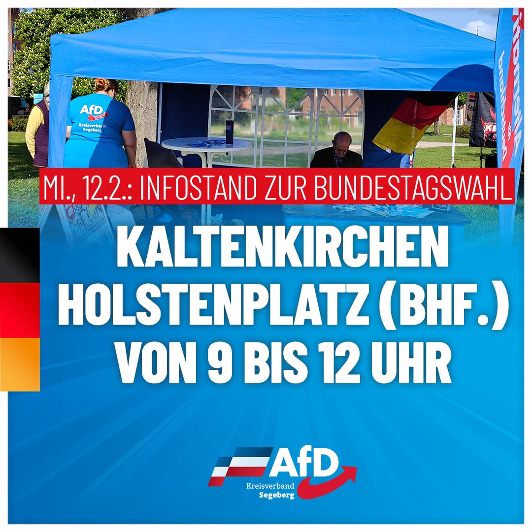 Wir stehen heute noch bis etwa 12 Uhr mit einem Infostand in Kaltenkirchen auf dem Wochenmarkt am Bahnhof!

#AfD <a href="/AfD_SE/">AfD Kreisverband Segeberg</a> <a href="/AfD_LV_SH/">AfD Schleswig-Holstein</a> <a href="/AfD/">AfD</a>