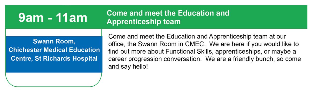 UHSussex Education and Apprenticeships (@uhsx_eduapps) on Twitter photo Hello, it's Apprenticeship Wednesday!
Come and meet the Education and Apprenticeship team at our office, the Swann Room in CMEC. We are here if you would like to find out more about Functional Skills, apprenticeships, or maybe a career progression conversation. <a href="/UHSussex/">University Hospitals Sussex</a> #NAW2025 Hello, it's Apprenticeship Wednesday!
Come and meet the Education and Apprenticeship team at our office, the Swann Room in CMEC. We are here if you would like to find out more about Functional Skills, apprenticeships, or maybe a career progression conversation. <a href="/UHSussex/">University Hospitals Sussex</a> #NAW2025