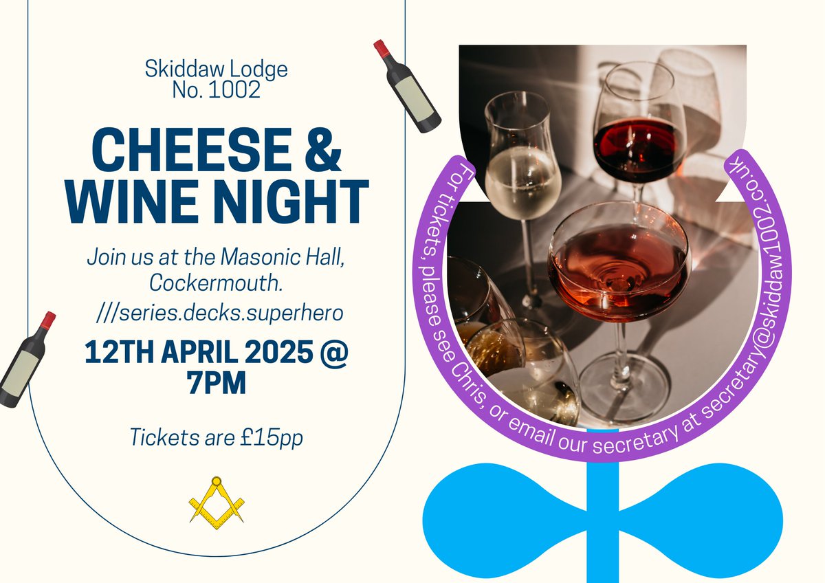 Join us for a fantastic night of wine tasting, just £15pp. See details below. Message us if you'd like to come. It's open to non-Masons too! 🍷 🥂 <a href="/CWNAreaLodges/">C&W North Area Lodges</a> <a href="/ProvinceofCandW/">Cumbria Freemasons</a>