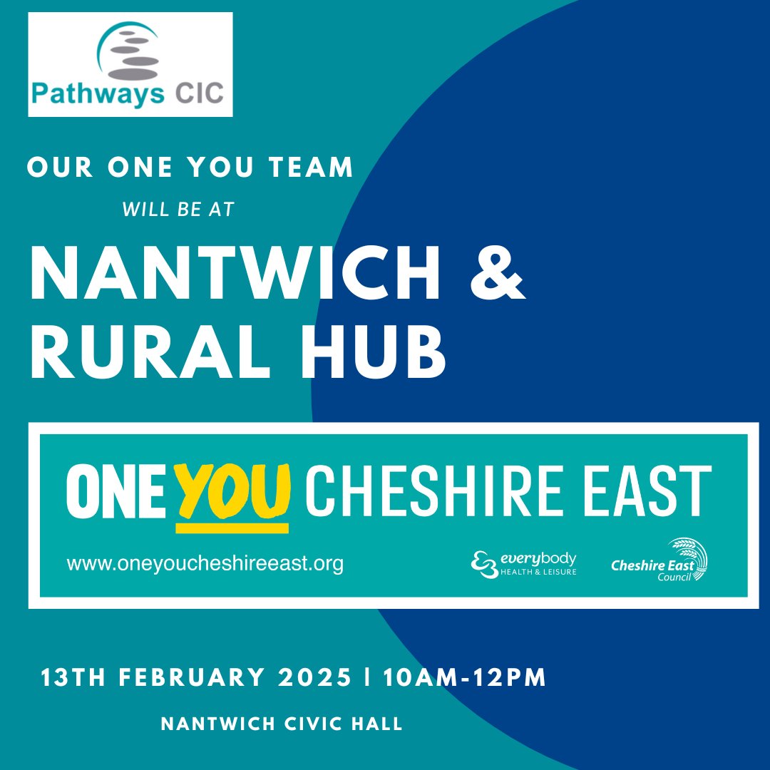 Pathwayscic's tweet image. Our One You Team will be at the @NantwichCareCom Hub at @NantwichCivic Hall tomorrow from 10am-12pm connecting with the community and offering support, advice, and guidance alongside other fantastic local organisations.  #CommunitySupport #OneYou #Nantwich