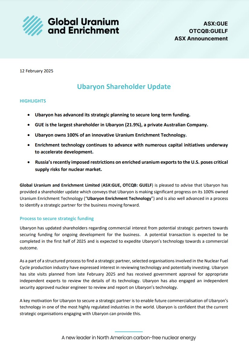 $GUE is pleased to provide a shareholder update from Ubaryon highlighting the significant progress the business is making on their 100% owned uranium enrichment technology, including updates to secure long term funding.

See full announcement: bit.ly/40Xl92g

#uranium