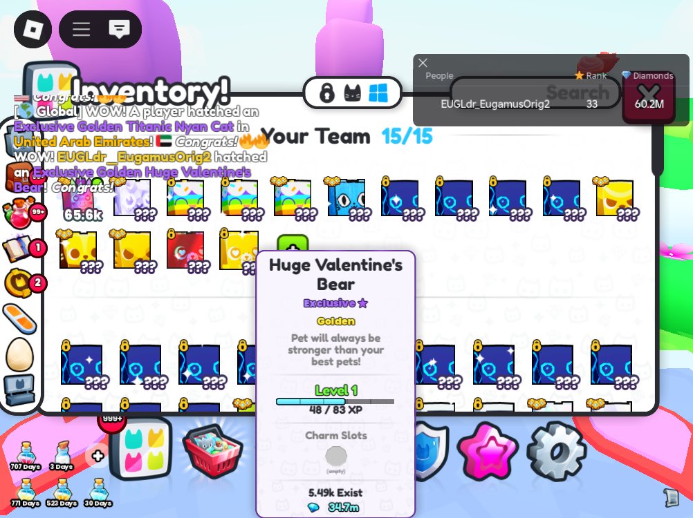 EugamusOrig2's tweet photo. Wow! My #EugamusOrig2 account hatched the GOLDEN Huge Valentine's Bear! :O I missed the cloud animation hatching because it's so fast, I just heard the background sound to confirm who's account is hatching. lol XD #Ps99 #F2PLuck https://t.co/TjDWu6zZ5m