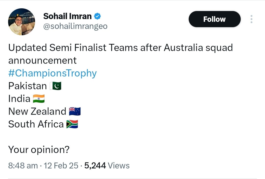 Bhadauria_7's tweet photo. Breaking news: Champions Trophy introduces a revolutionary new format where 3 teams from the same group make the semifinals! Genius prediction by senior journalist @sohailimrangeo. ICC, take notes! 🤣 #ChampionsTrophy #NextLevelAnalysis https://t.co/IOsPHujeRS
