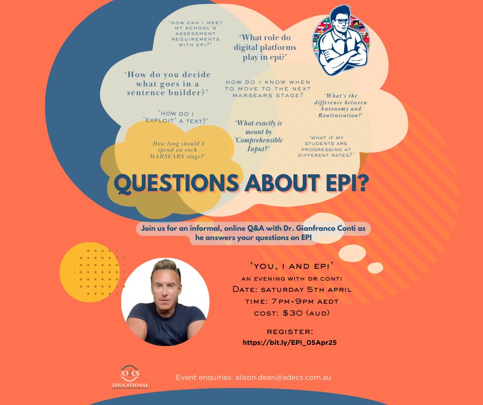 Alison Dean (@2803ali) on Twitter photo 📢Attention EPI-aficionados!📢
Join us online for an informal Q&A with <a href="/gianfrancocont9/">Dr Gianfranco Conti</a> to chat about all things EPI. Register your place (and your questions!) at bit.ly/EPI_05Apr25
<a href="/FbGilt/">@GILT_FB</a> <a href="/AFMLTA/">AFMLTA Inc.</a> <a href="/MLTANSW/">MLTA NSW</a> <a href="/LanguagesNSW/">Languages NSW</a> #mfltwitterati #epi #languages #mfl #adecs 📢Attention EPI-aficionados!📢
Join us online for an informal Q&A with <a href="/gianfrancocont9/">Dr Gianfranco Conti</a> to chat about all things EPI. Register your place (and your questions!) at bit.ly/EPI_05Apr25
<a href="/FbGilt/">@GILT_FB</a> <a href="/AFMLTA/">AFMLTA Inc.</a> <a href="/MLTANSW/">MLTA NSW</a> <a href="/LanguagesNSW/">Languages NSW</a> #mfltwitterati #epi #languages #mfl #adecs