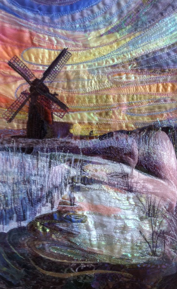'Cley windmill in winter', machine embroidery by UK textile artist Rachel Wright #WomensArt