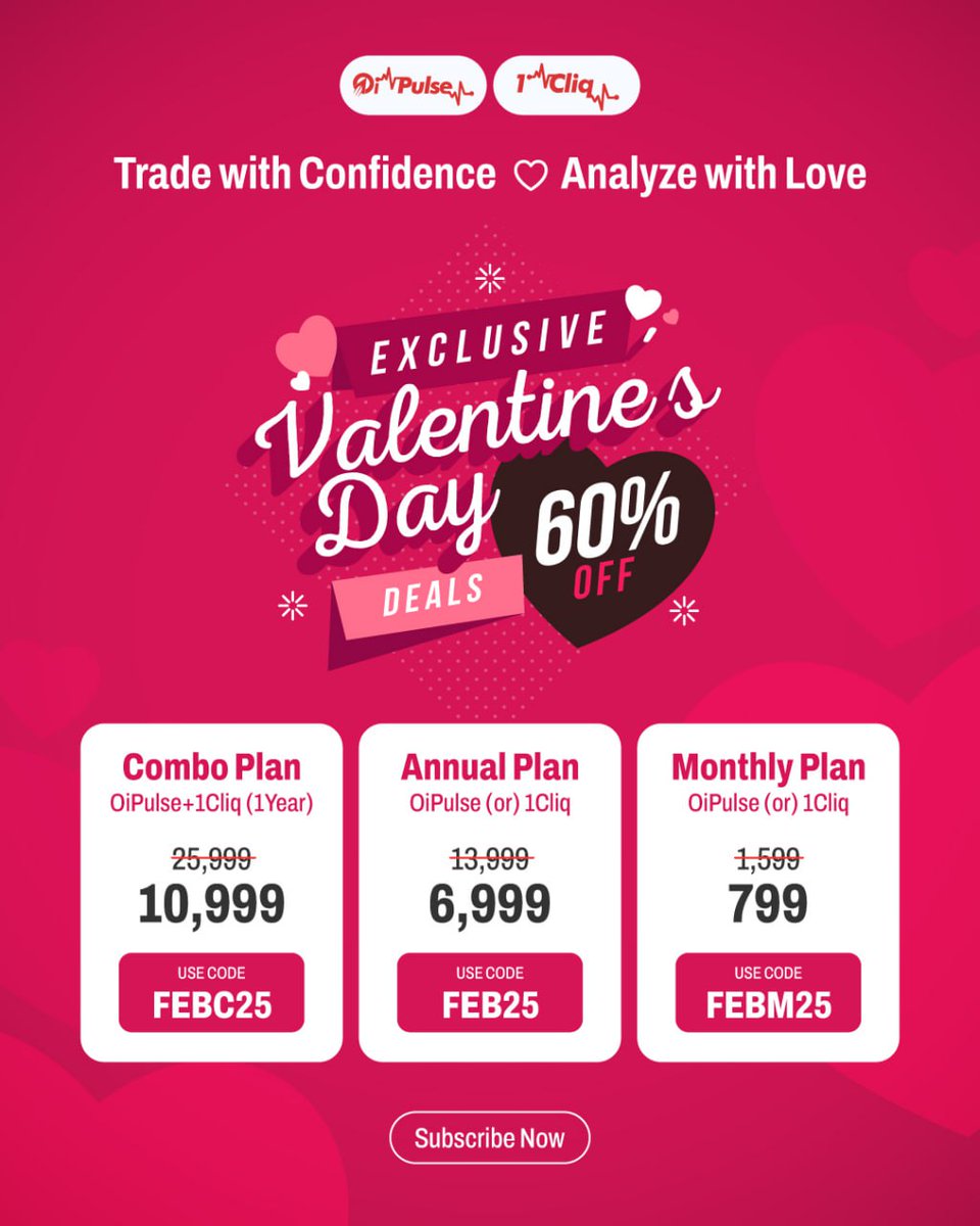 Trade with Confidence ⚡️
Analyze with Love ❤️

Exclusive Valentine’s Deal!
Get UPTO 60% OFF 

Offers Just for you :
💌 Combo Plan: ₹10,999
Use Code: FEBC25

💌 Annual Plan: ₹6,999
Use Code: FEB25

💌 Monthly Plan: ₹799
Use Code: FEBM25

🔗 SUBSCRIBE NOW
oipulse.com