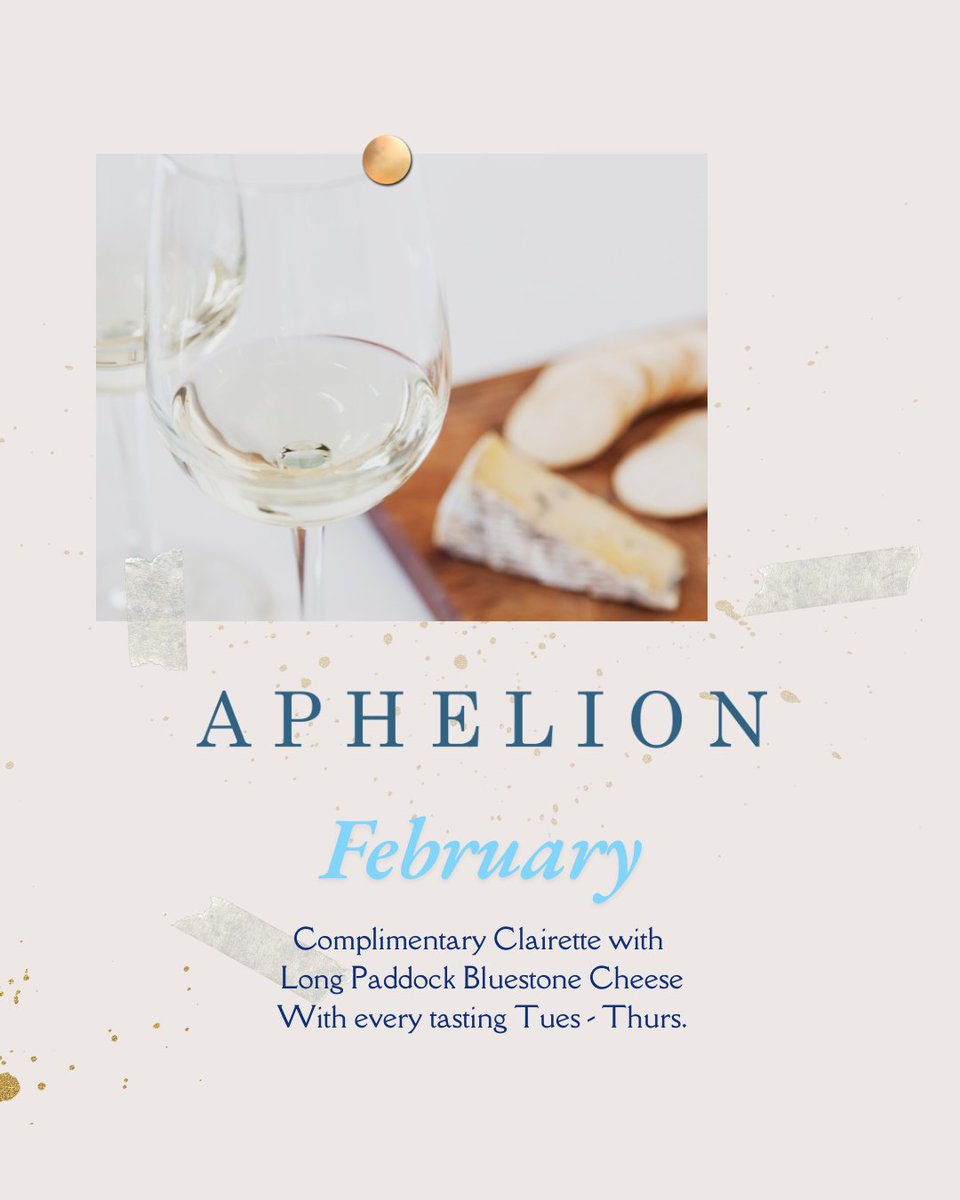 Come by on a Tuesday, Wednesday, or Thursday, and we'll treat you to a complimentary cheese &amp; wine pairing with every tasting.

February is:

Welkin Clairette

and

Long Paddock Bluestone Cheese

BOOK A MIDWEEK MARVEL>> aphelionwine.com.au/pages/cellar-d…