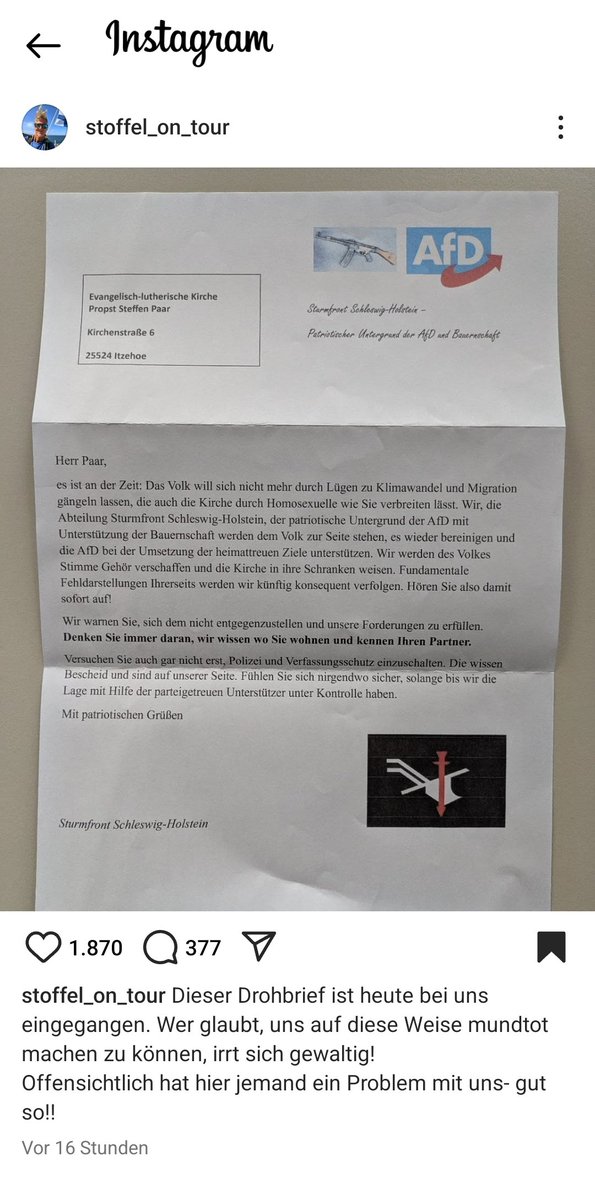 FrischKueste's tweet image. #Post für den Itzehoer #Probst

Ja, der Brief ist echt.

Nein, ich nehme nicht an, dass er vom dortigen Kreisverband der AfD stammt. 

Ein brauner Landwirt?
Das halte ich für wahrscheinlich.

#Drohbrief
#Landvolkbewegung
#Itzehoe
#Drohung
#AfDmachtDumm