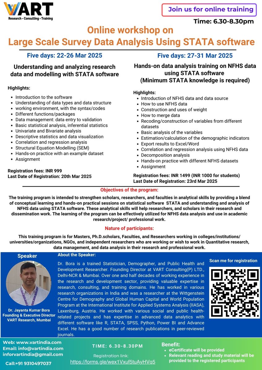 🌟 Workshop Alert! 🌟
VART  Research is delighted to announce an Online Capacity-Building Training  Program on: "Large-Scale Survey Data Analysis Using STATA Software"

🕒 Time: 6:30 PM – 8:30 PM
 📌 Registration Link: lnkd.in/dNJvmrfW