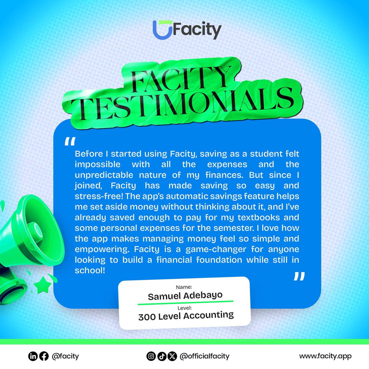 officialfacity's tweet photo. Here is what Samuel Adebayo a 300 level student in the department of Accounting has to say about the Facity app! We love reviews, send them in. 💙
#facity #facityapp https://t.co/EXin4MjiYy
