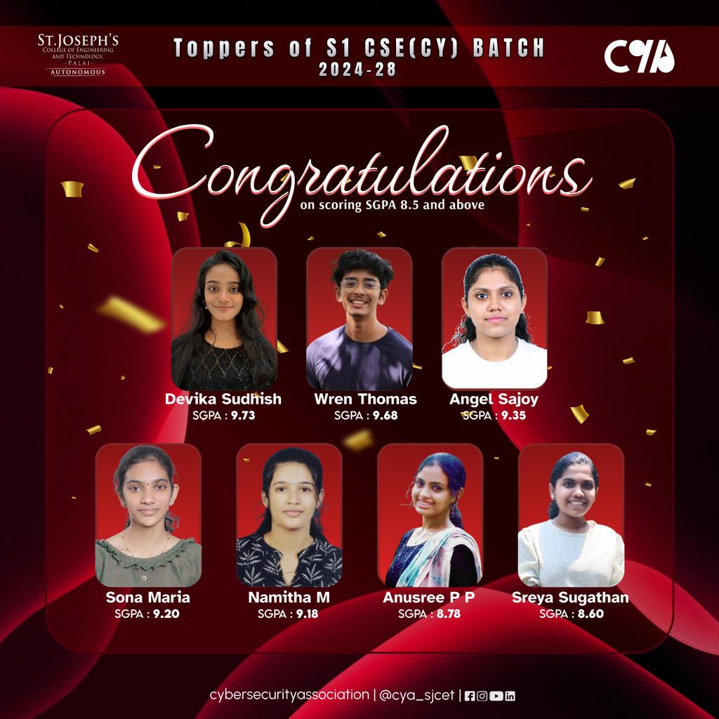 CyaSjcet's tweet image. Meet the High Achievers! Congratulations to our Top Scorers of S1 Examinations! 🥳 #cya #cybersecurityassociation