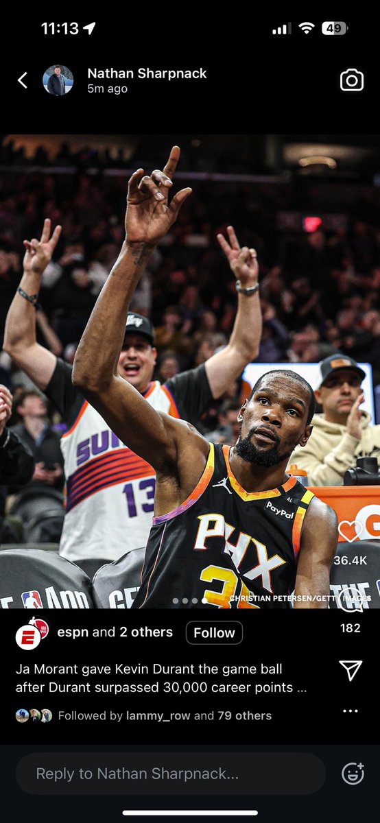 robmartinez23's tweet photo. @EzyMoneySnipr Congratulations KD! 30K is incredible! I am lucky to have witnessed it. I’m a massive suns fans and if it’s possible would love to have your autograph ✍️ on this photo as it’s such an amazing moment and I was lucky to be in the background! 
@espn @ESPNNBA @NBA https://t.co/RR4dm9skPS