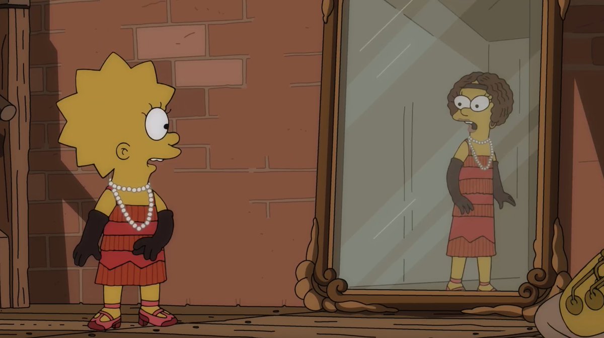 Rlazebnik's tweet image. Lisa inhabiting the body of her ancestor Edith. I love the look of this show, directed by the hugely talented Michael Polcino. @TheSimpsons