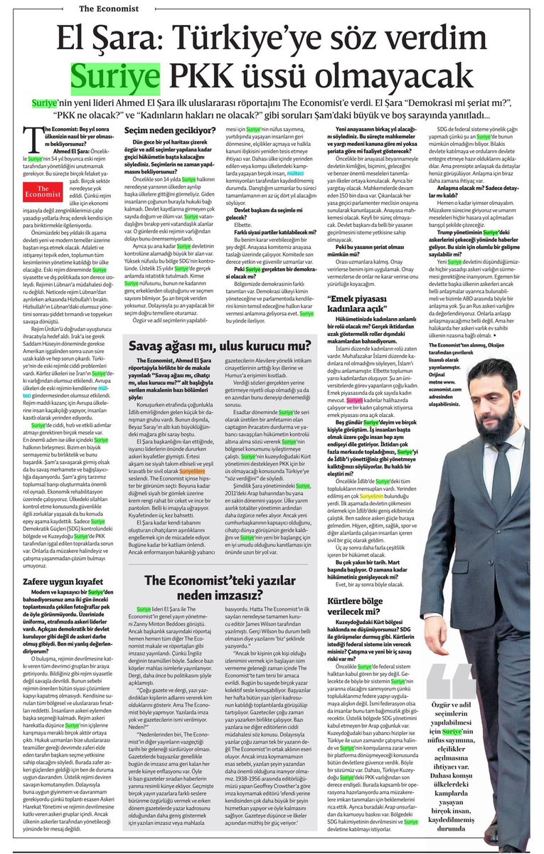 Suriye yeni ve modern temeller üzerine inşaa edilecek.
Suriye halkının birleşmesi, ekonomik rehabilitasyon, ülkedeki silahların (güçlerin) kontrolü…
Ahmet Şera’nın bir röportajı: