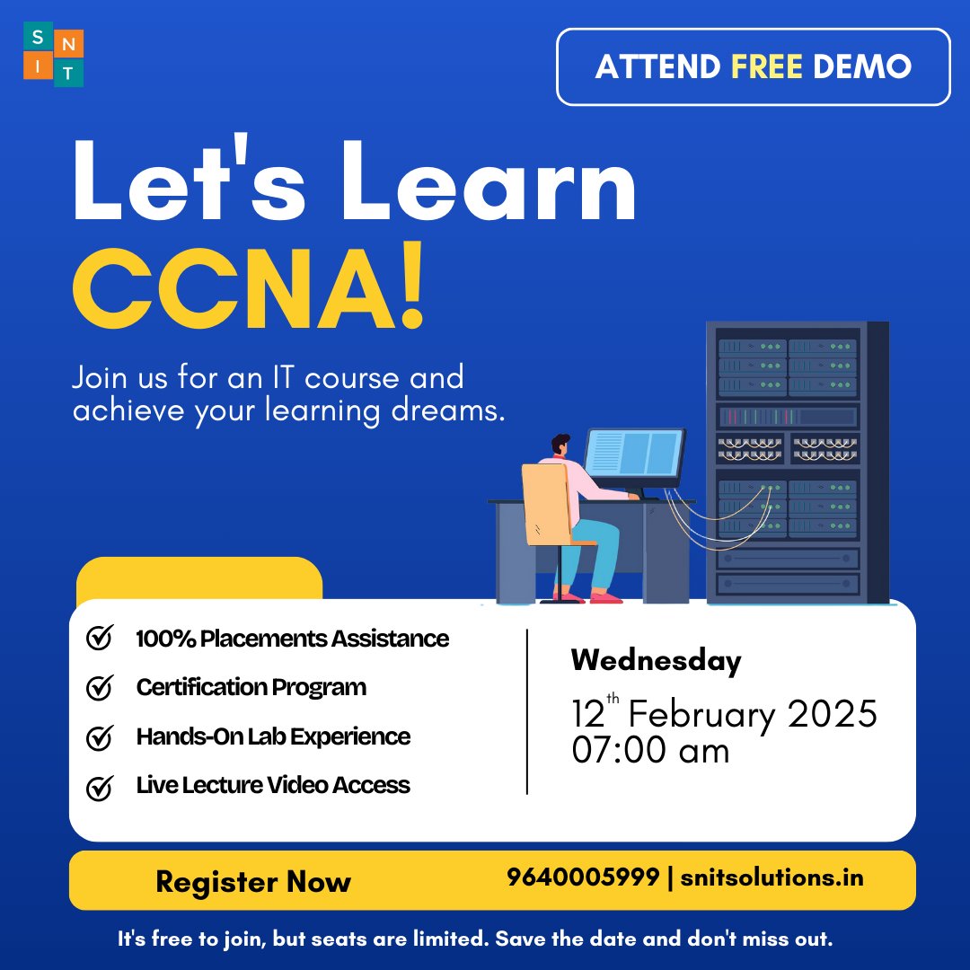 snit_training's tweet image. Level Up Your Skills! Join Our Free Demo on CCNA
Register For FREE Demo Class : forms.gle/1H5u1JZDGEJDeQ…
#ccna #ccnatraining #ccnacourse #ccnacoursetraining #snittraininginstitute