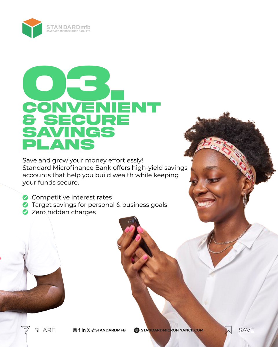 Standardmfb's tweet image. Here are few reason to start banking with us at Standard Microfinance Bank👇

#standardmicrofinancebankadamawa  #standardmicrofinancebank 
#standardmicrofinance
#BankBenefits
#bankingbenefits
#Loans