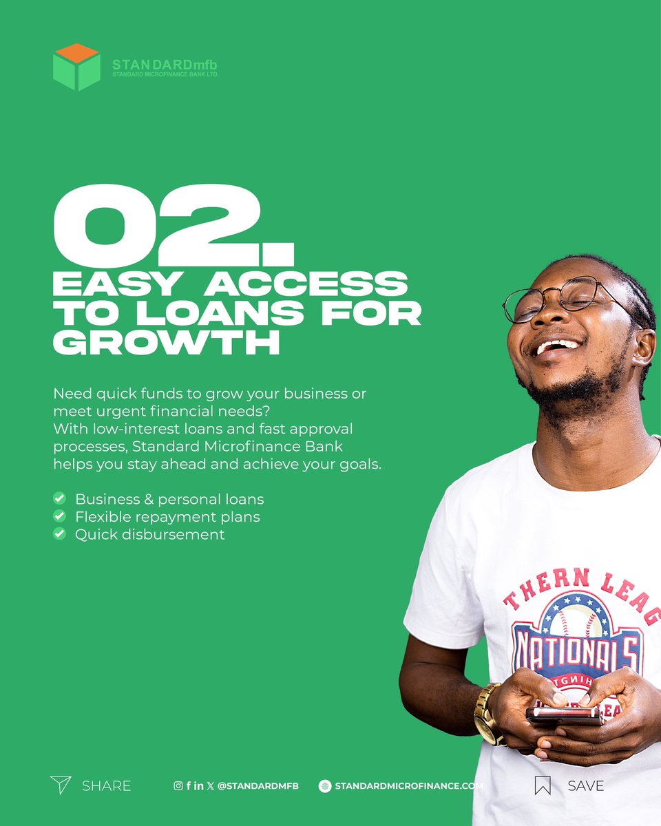 Standardmfb's tweet image. Here are few reason to start banking with us at Standard Microfinance Bank👇

#standardmicrofinancebankadamawa  #standardmicrofinancebank 
#standardmicrofinance
#BankBenefits
#bankingbenefits
#Loans