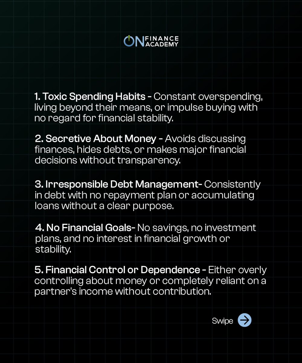TheOFACommunity's tweet photo. 🚩 5 Financial Red Flags in Relationship 🚩  

Money issues can make or break a relationship. Here are 5 warning signs to watch out for!  

What financial red flags have you seen in relationships? Drop your thoughts below!  

#Finance #MoneyMatters #RedFlags #SmartMoney https://t.co/Zs7YTyyUNn