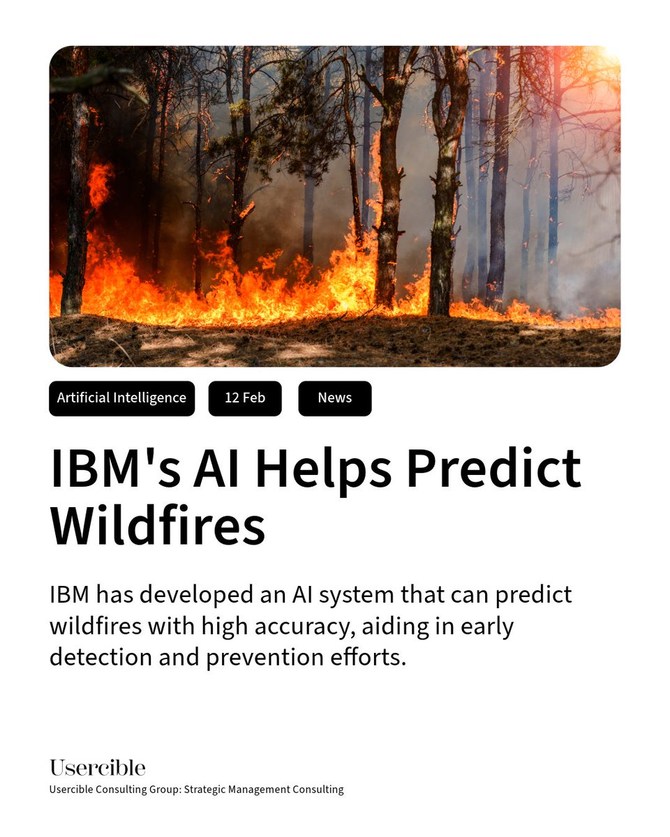 usercible's tweet image. IBM&apos;s AI Helps Predict Wildfires

IBM has developed an AI system that can predict wildfires with high accuracy, aiding in early detection and prevention efforts.

#IBMWildfireAI #WildfirePrediction #AIforGood