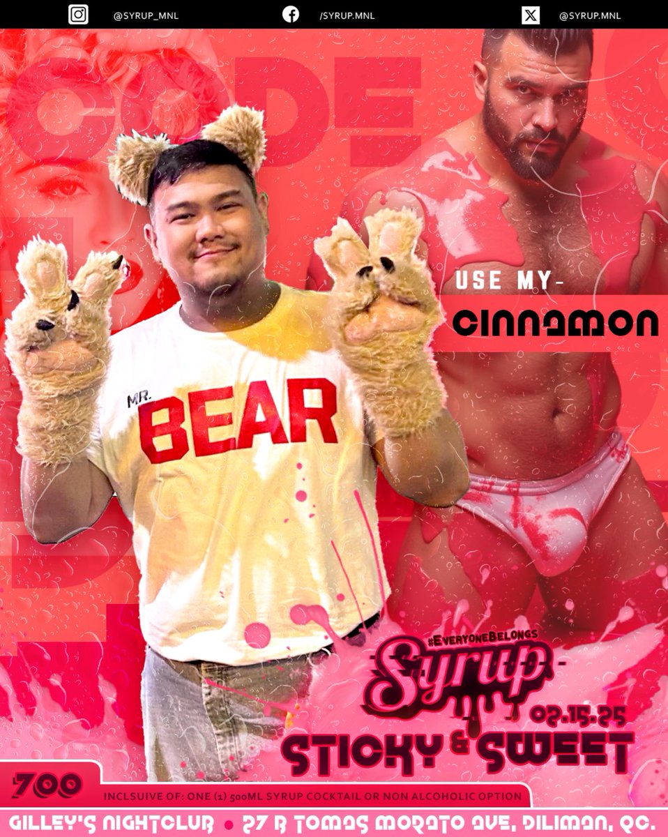 TaongOso's tweet photo. 🐻Come taste the Sticky and Sweet Syrup this Saturday on Syrup Manila. 🍯

You can use my code “Cinnamon” for a Discounted Ticket! Already inclusive of a Syrup Cocktail or a Non-Alcoholic Beverage.

DM me for more information. #SYRUPmanila https://t.co/BjCdbKyzTx
