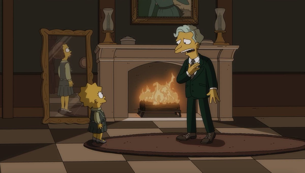 Rlazebnik's tweet image. Love the composition of this shot, with Young Mr. Burns, Lisa, and her ancestor Edith in the mirror. @TheSimpsons