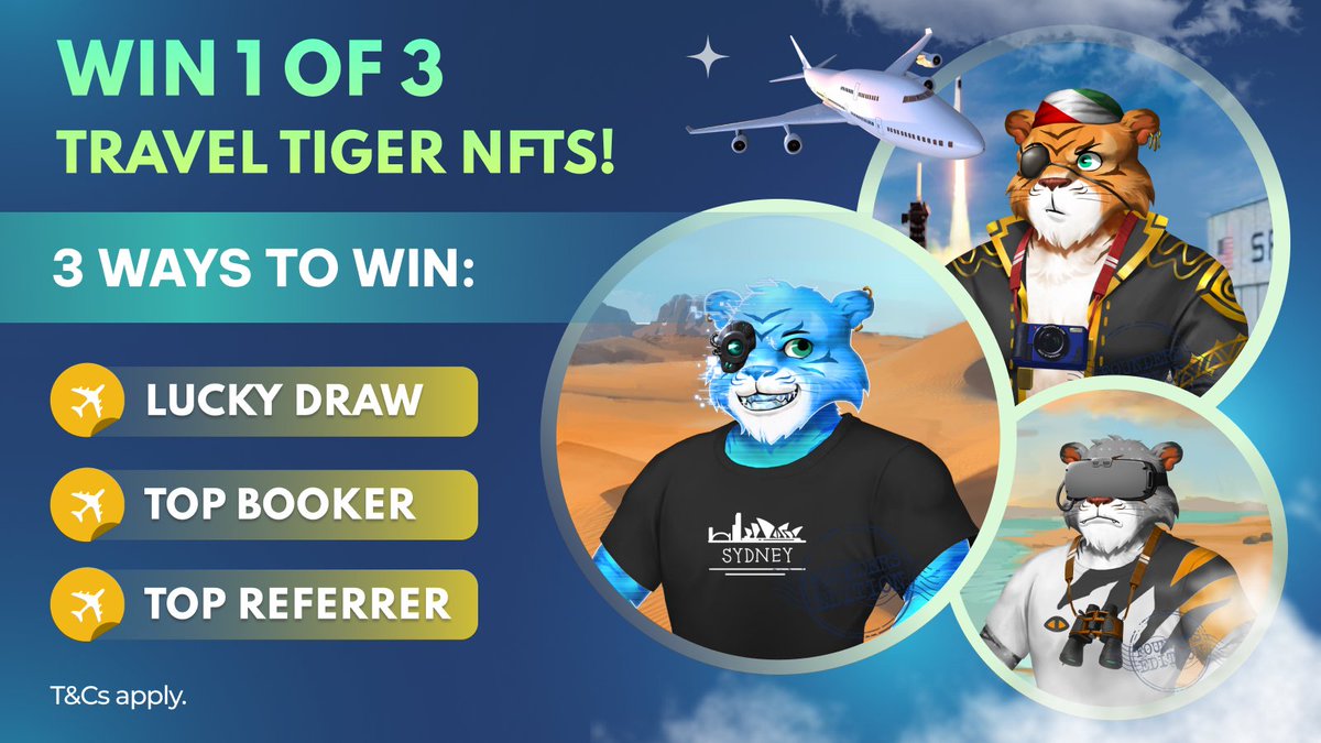📢 Win 1 of 3 Travel Tiger Club NFTs! 🏆🐯

😍 3 ways to enter &amp; WIN:

1️⃣ Lucky Draw – Book $200+ in crypto
2️⃣ Top Booker – Highest travel spend
3️⃣ Top Referrer – Most invited friends

The more you book and refer, the higher your chances!

Find out how to enter below! ⬇️