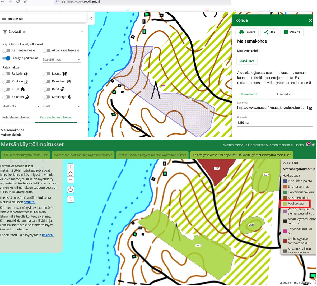 Vaikka ei luonnosta tai maisemasta piittaisi, niin ihan valtion resurssien käytöstä voisi kysyä. Ensin Metsähallitus etsii, löytää ja merkitsee kartoilleen "alue-ekologisessa suunnittelussa maiseman kannalta tärkeäksi todettuja kohteita". Sitten avohakkaa ne. Maunonen,Toivakka.