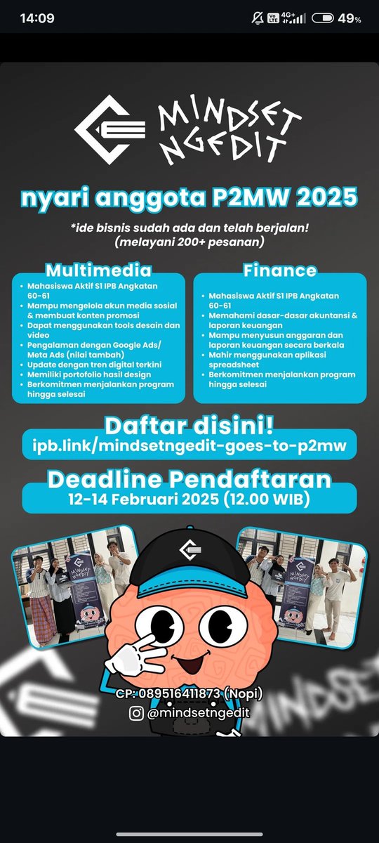 misengedit's tweet photo. MAU JOIN P2MW BARENG MISE? 
terbuka lebar kesempatan untuk mahasiswa aktif S1 IPB angkatan 60-61❤️‍🔥

DAFTAR DI SINI📑
https://t.co/8Yw17ZU4JZ https://t.co/ZYLMNlN5Vx