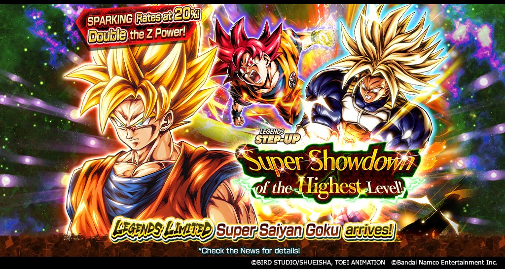 ["LEGENDS STEP-UP - SUPER SHOWDOWN OF THE HIGHEST LEVEL! -" Is On!]
LL Super Saiyan Goku is here! The first half of the Summon has double the Z Power and a SP drop rate of 20%! Plus, get Summon Coins as freebies throughout the whole Summon period!

#DBLegends #Dragonball