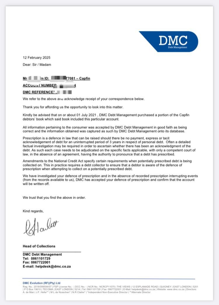 DebtorsS's tweet photo. DEBT FREEDOM ACHIEVED! 🥳🎉Our client is NOW DEBT FREE from their 3+ year Capfin account! We just received a prescription letter✉️ from DMC! "You'd swear we're made for this!" Visit us: Office 115, Paul Kruger St, Pretoria Central | Office 204, Regus Building #DebtRelief https://t.co/PA4jBkLh9O