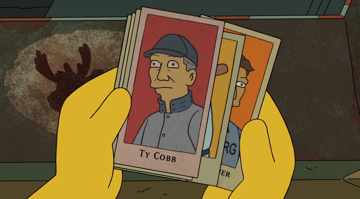 Rlazebnik's tweet image. Rough estimates of value. Tiffany lamp, if unbroken: $300,000. 
Baseball cards -- Honus Wagner: 7.5 million, Babe Ruth: $7,000, Ty Cobb: $504,000 @TheSimpsons