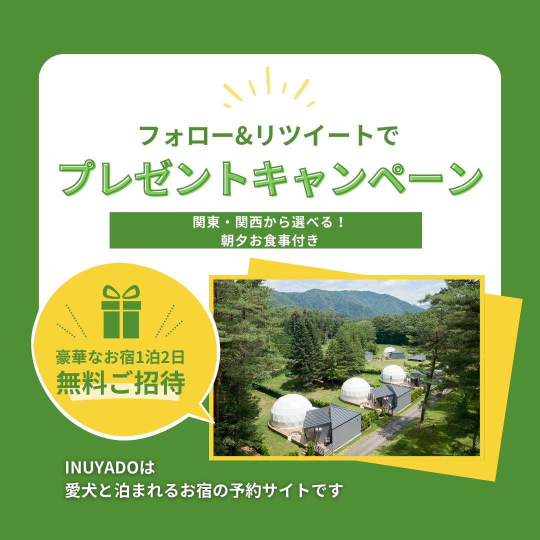 inuyadoofficial's tweet image. ／
フォロー&amp;amp;RTで、#いぬやど 掲載施設に無料ご招待🐶✨
＼
毎回Instagramで大人気イベントを今月Ｘで開催！🎉

①このアカウントをフォロー
②このツイートをRT

関東関西の2施設から選べます🐾
結果はDMでお知らせ✉

期間は2/12～2/19 23:59まで