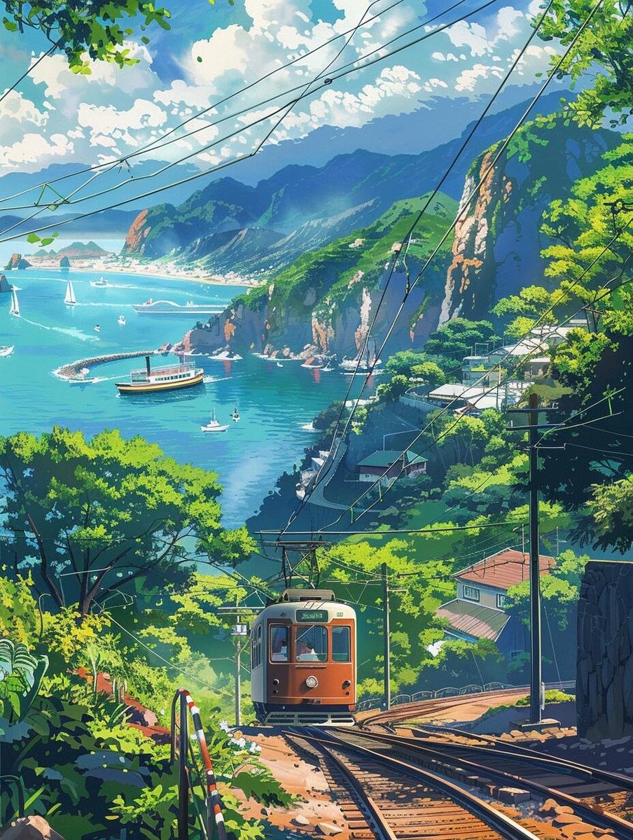 宫崎骏の夏、海岸沿いの电车です。