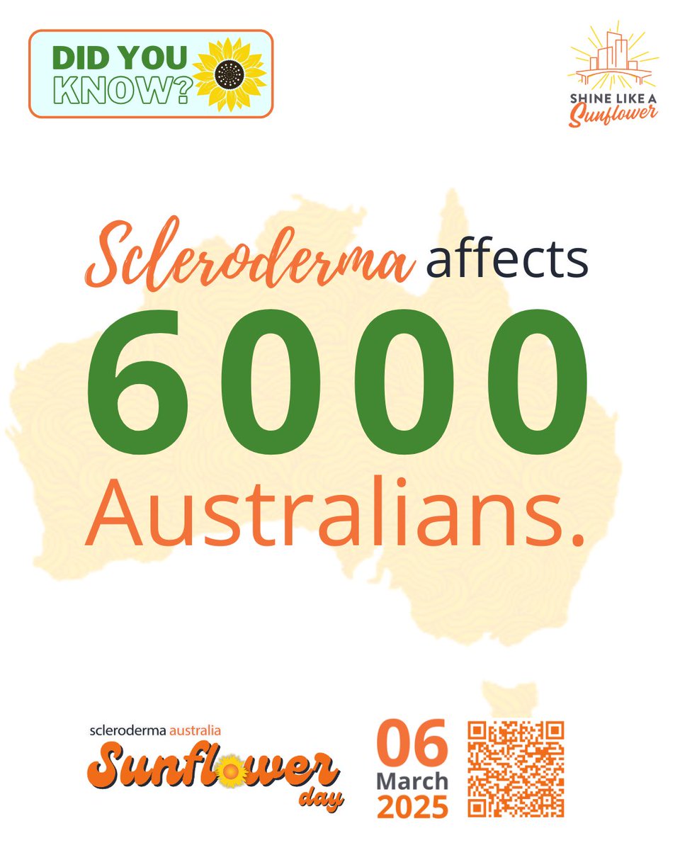 Did you know, that Scleroderma is a condition unknown to many but affects 6,000 Australians?

Shine a light on #Scleroderma.🌻

Help us raise awareness and support those living with this condition.

Donate today!
sclerodermaaustralia.com.au/donate-today/
.
.
#SunflowerDay2025
#SclerodermaAwareness