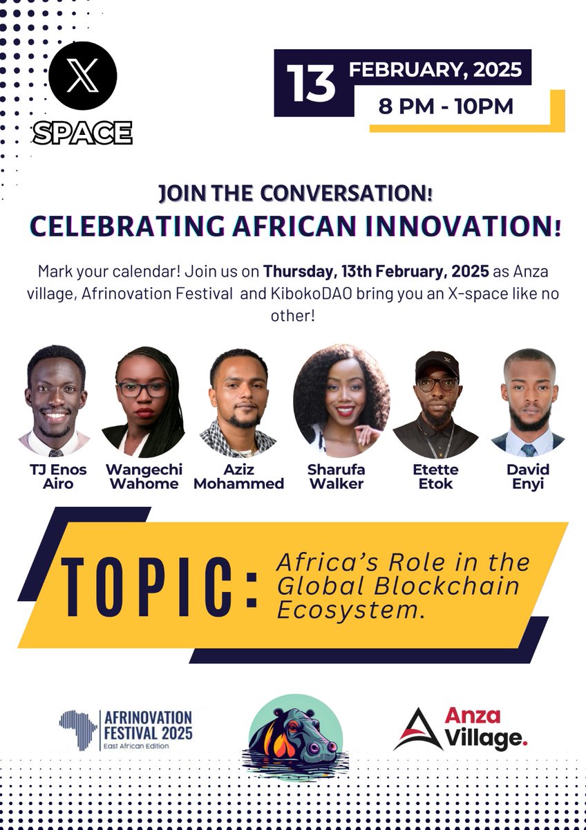 🚀Join the Conversation: Africa’s Role in the Global Blockchain Ecosystem! Mark your calendars! 🗓️ On February 13, 2025 (8 PM - 10 PM EAT), we’re diving deep into Africa’s impact on the global blockchain space. Speakers <a href="/Enos_Airo/">Enos Airo</a> <a href="/Em_Etok/">Etette Etok  𝕏 🍂 | etette.onchain</a> <a href="/KibokoDAO/">KibokoDAO Africa</a> <a href="/SharufaRWalker/">Sharufa R. Walker</a> <a href="/B_BCreators/">B&B Creators</a>.