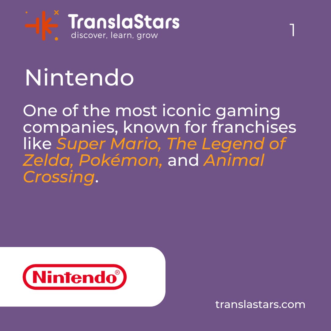 TranslaStars's tweet image. 🎮 Play #vidoegames?
#Games are localized by industry giants so players worldwide can enjoy them!
Here are 10 major #VideogameLocalization companies:
🟥 Nintendo
🎭 PlayStation
🟦 Xbox
⚔️ Square Enix
🐉 Capcom
⚽ EA
🔥 Activision Blizzard
🛡️ Ubisoft
🥋 Namco
🚗 Take-Two