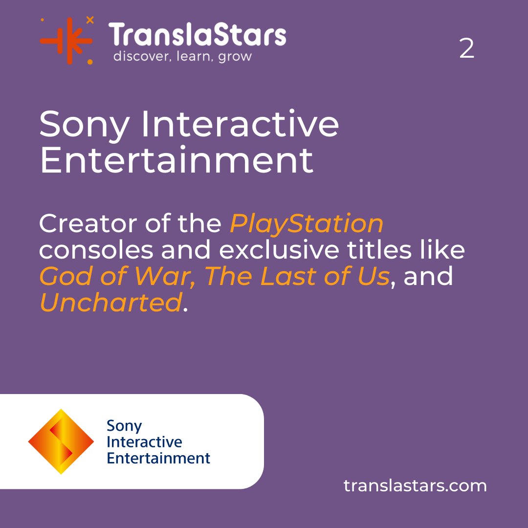 TranslaStars's tweet image. 🎮 Play #vidoegames?
#Games are localized by industry giants so players worldwide can enjoy them!
Here are 10 major #VideogameLocalization companies:
🟥 Nintendo
🎭 PlayStation
🟦 Xbox
⚔️ Square Enix
🐉 Capcom
⚽ EA
🔥 Activision Blizzard
🛡️ Ubisoft
🥋 Namco
🚗 Take-Two