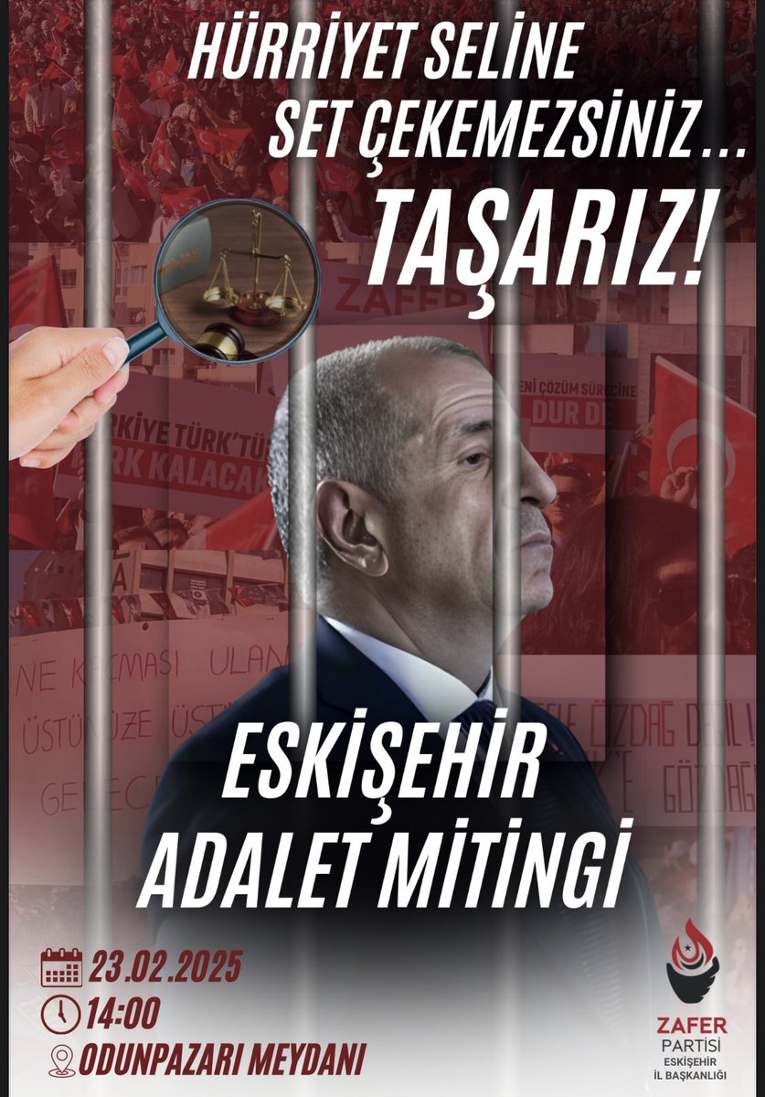 Genel Başkanımız Prof. Dr. Ümit Özdağ, 22 gündür Bebek Katili öcalan serbest bırakılsın diye tutuklu!

Haksızlığa karşı yürüttüğümüz mücadelemizde sizlerle omuz omuza olmak istiyoruz.

Sen de Şanlı Türk Bayrağı’nı al ve Odunpazarı Meydanı’na gel 🇹🇷

#ÜmitÖzdağaÖzgürlük