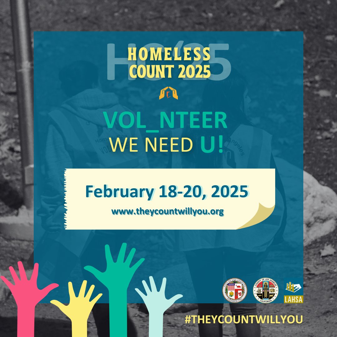 Join us as a volunteer for the 2025 Greater Los Angeles Homeless Count, the annual census that counts our neighbors experiencing homelessness in need of our support. The Homeless Count is coming up on February 18-20.  For more info and to register, visit theycountwillyou.org.