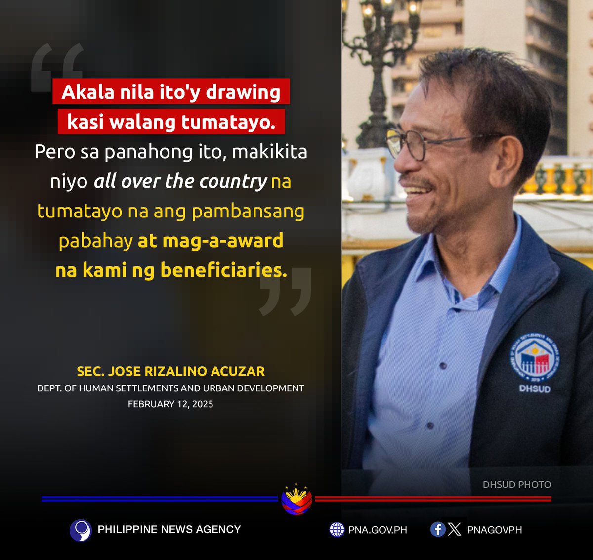pnagovph's tweet photo. READ: Department of Human Settlements and Urban Development (DHSUD) Secretary Jose Rizalino Acuzar on Wednesday (Feb. 12, 2025) says the government will soon start awarding housing units to beneficiaries under the Pambansang Pabahay Para sa Pilipino (4PH) Program. https://t.co/TI1H9S41Rc