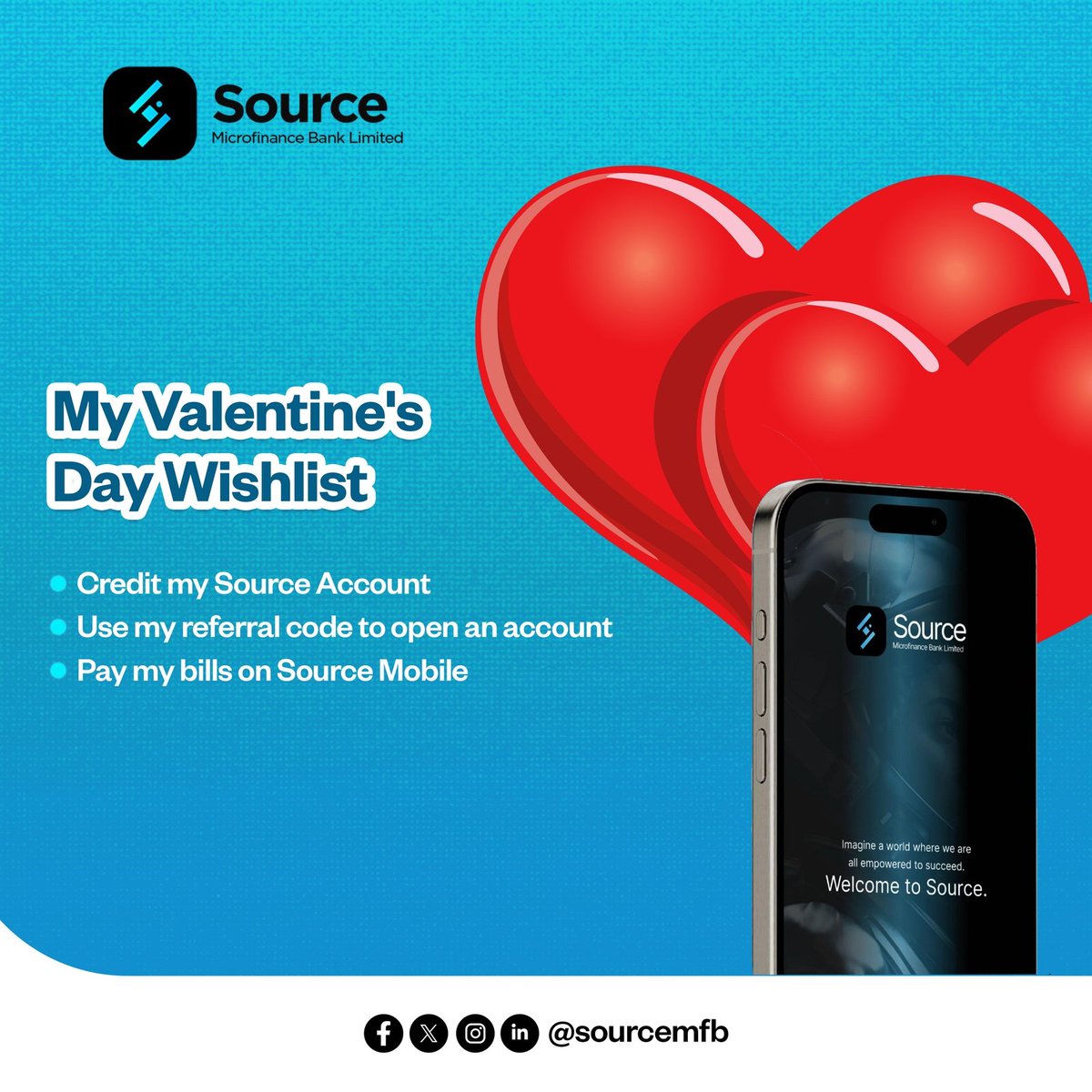 SourceMFB's tweet image. Roses are red, violets are blue, credit alerts in my Source account, that&apos;s all I want this Valentine&apos;s Day. 💰❤️

What&apos;s on your Valentine&apos;s Day wishlist? Drop it in the comments! 💙🌷✨

#SourceMicrofinanceBank #SourceMFB #SourceMobile #ValentinesDay2025